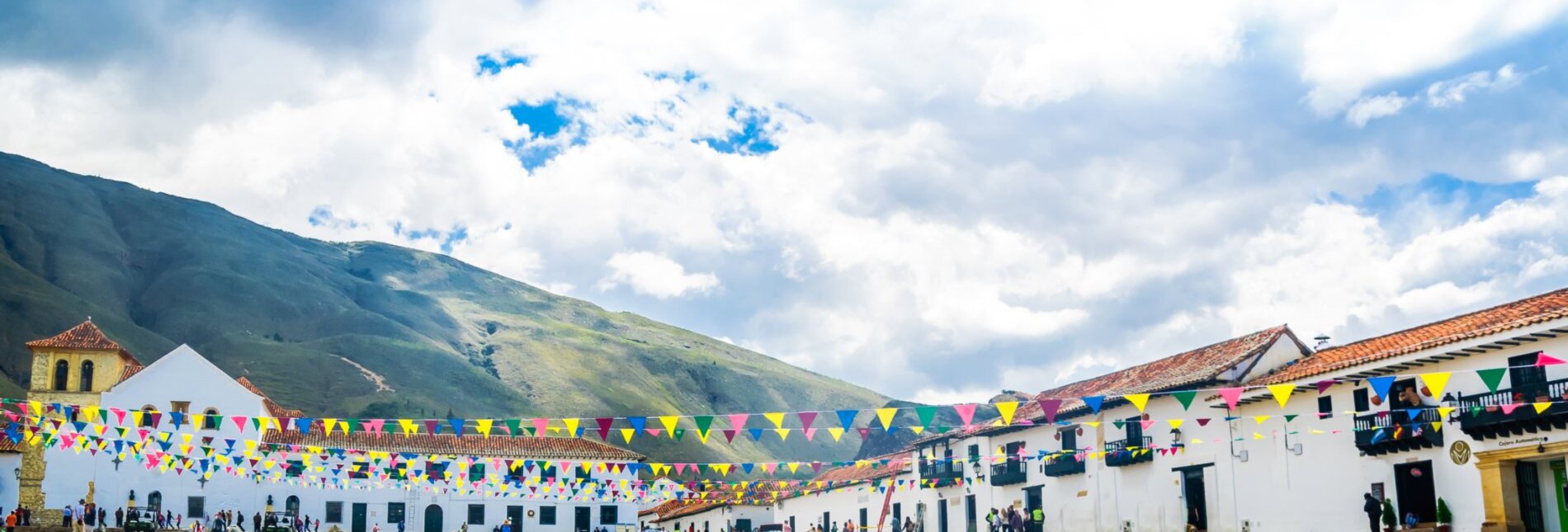 View on central square with colonia buildings in Villa de Leyva - Colombia